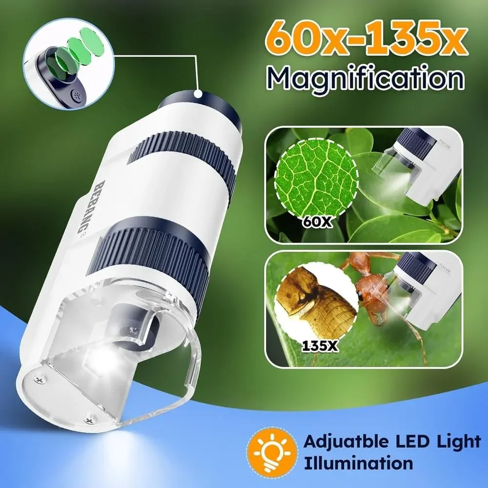 Bebang Pocket Microscope with Slides 60X-135X LED Light NIB